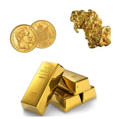 Formes d'or (lingots, pièces, pépites)